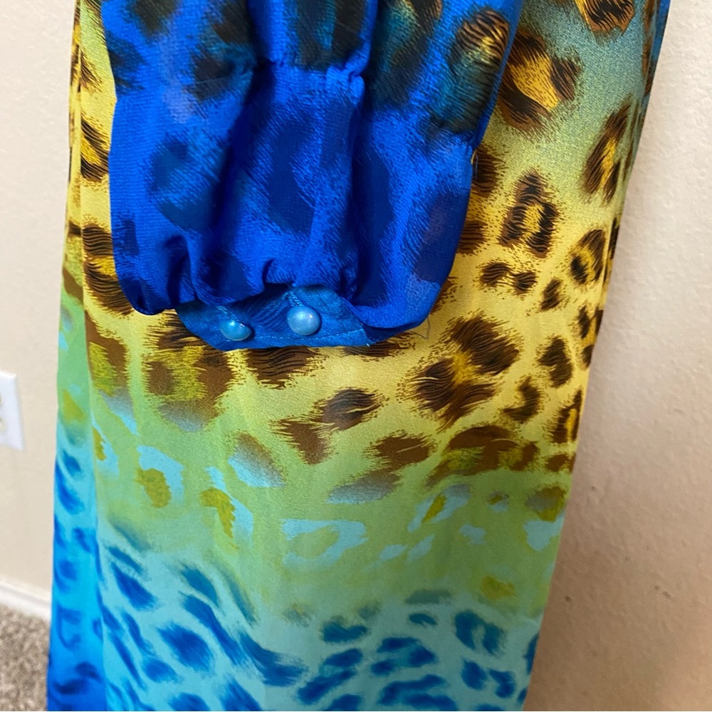 Moda Minx Dress Turquoise Leopard Print Long Sleeve Split Hem Maxi Size Small - Picture 7 of 10
